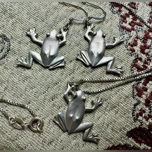 Set of 3, From PEI Pewter frog earrings, pendant and italian 925, 18” chain.